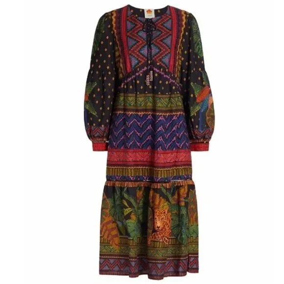 chinese dress ladies Green Delicate Tapestry Euroflax Premium Linen Midi Dress  FARM Rio